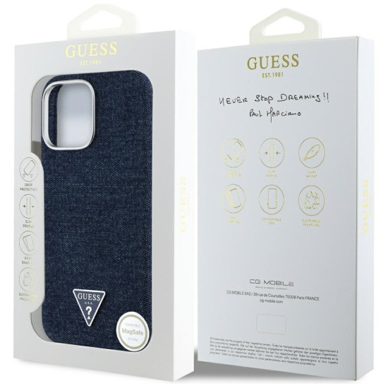 Guess Denim Triangle Logo MagSafe iPhone 16 Pro Case - Blue Guess Denim Triangle Logo MagSafe iPhone 16 Pro Case - Blue
