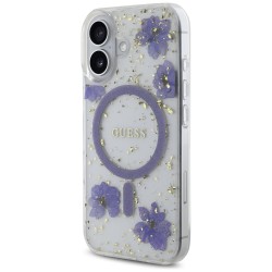 Guess Resin Flowers Glitter MagSafe case for iPhone 16 - purple Guess Resin Flowers Glitter MagSafe case for iPhone 16 - purple