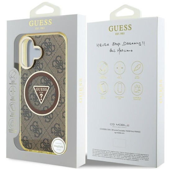 Guess IML Metal Glitter 4G Circle Triangle MagSafe Case for iPhone 16 - Brown