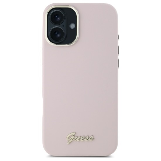 Guess Silicone Script Metal Logo &amp;amp; Frame iPhone 16 Plus Case - Pink