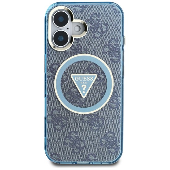 Guess IML Metal Glitter 4G Circle Triangle MagSafe Case for iPhone 16 - Blue