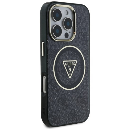 Guess IML Metal Glitter 4G Circle Triangle MagSafe Case for iPhone 16 Pro - Black