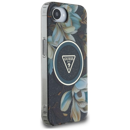 Guess IML Metal Glitter Flowers Triangle MagSafe case for iPhone 16e - black Guess IML Metal Glitter Flowers Triangle MagSafe case for iPhone 16e - black