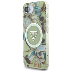 Guess IML Metal Glitter Flowers Triangle MagSafe iPhone 16e Case - Green Guess IML Metal Glitter Flowers Triangle MagSafe iPhone 16e Case - Green