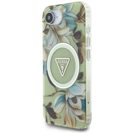 Guess IML Metal Glitter Flowers Triangle MagSafe iPhone 16e Case - Green Guess IML Metal Glitter Flowers Triangle MagSafe iPhone 16e Case - Green