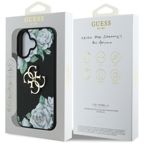 Guess Grained Roses Big 4G logo case for iPhone 16 - black Guess Grained Roses Big 4G logo case for iPhone 16 - black