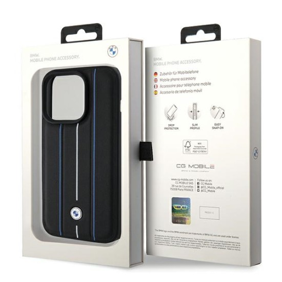 BMW Leather Stamp Blue Line Case for iPhone 15 Pro Max - Black BMW Leather Stamp Blue Line Case for iPhone 15 Pro Max - Black