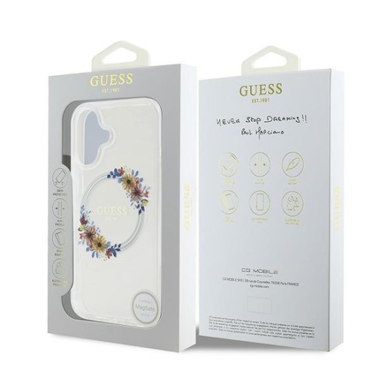 Guess IML Flowers Wreath MagSafe iPhone 16 Plus Case - Clear Guess IML Flowers Wreath MagSafe iPhone 16 Plus Case - Clear