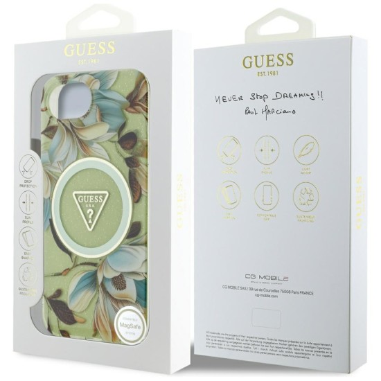 Guess IML Metal Glitter Flowers Triangle MagSafe iPhone 16e Case - Green Guess IML Metal Glitter Flowers Triangle MagSafe iPhone 16e Case - Green