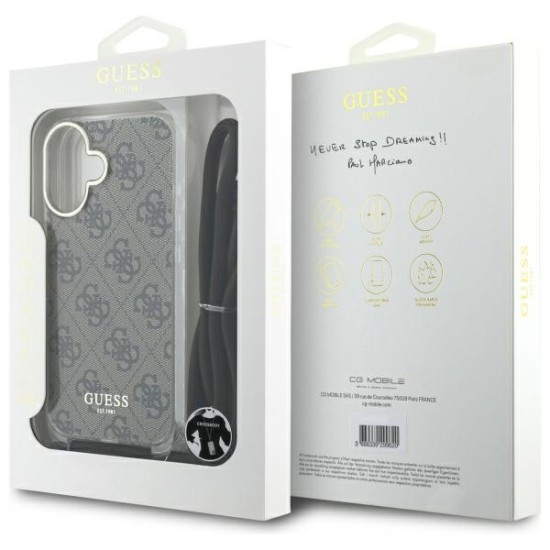 Guess Crossbody Cord 4G Print Case with Lanyard for iPhone 16 - Brown