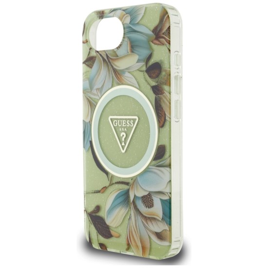 Guess IML Metal Glitter Flowers Triangle MagSafe iPhone 16e Case - Green Guess IML Metal Glitter Flowers Triangle MagSafe iPhone 16e Case - Green