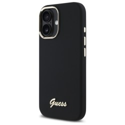 Guess Silicone Script Metal Logo &amp;amp; Frame Case for iPhone 16 - Black