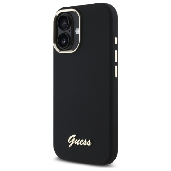 Guess Silicone Script Metal Logo &amp;amp; Frame Case for iPhone 16 - Black