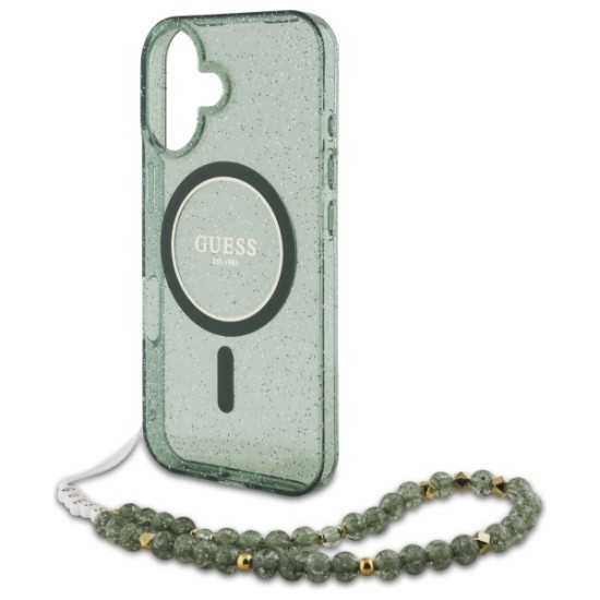 Guess IML Glitter With Pearl Strap MagSafe case for iPhone 16 Plus - green Guess IML Glitter With Pearl Strap MagSafe case for iPhone 16 Plus - green