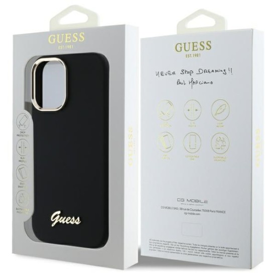 Guess Silicone Script Metal Logo &amp;amp; Frame Case for iPhone 16 - Black