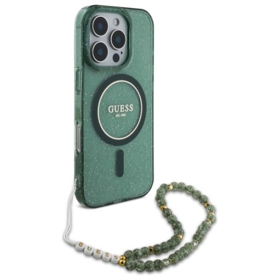 Guess IML Glitter With Pearl Strap MagSafe case for iPhone 16 Pro Max - green Guess IML Glitter With Pearl Strap MagSafe case for iPhone 16 Pro Max - green