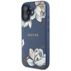 Guess Grained Printed Flower Pattern MagSafe case for iPhone 16 blue Guess Grained Printed Flower Pattern MagSafe case for iPhone 16 blue