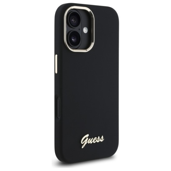 Guess Silicone Script Metal Logo &amp;amp; Frame Case for iPhone 16 - Black