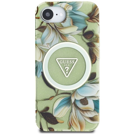 Guess IML Metal Glitter Flowers Triangle MagSafe iPhone 16e Case - Green Guess IML Metal Glitter Flowers Triangle MagSafe iPhone 16e Case - Green
