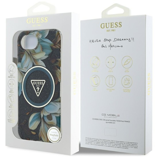 Guess IML Metal Glitter Flowers Triangle MagSafe case for iPhone 16e - black Guess IML Metal Glitter Flowers Triangle MagSafe case for iPhone 16e - black