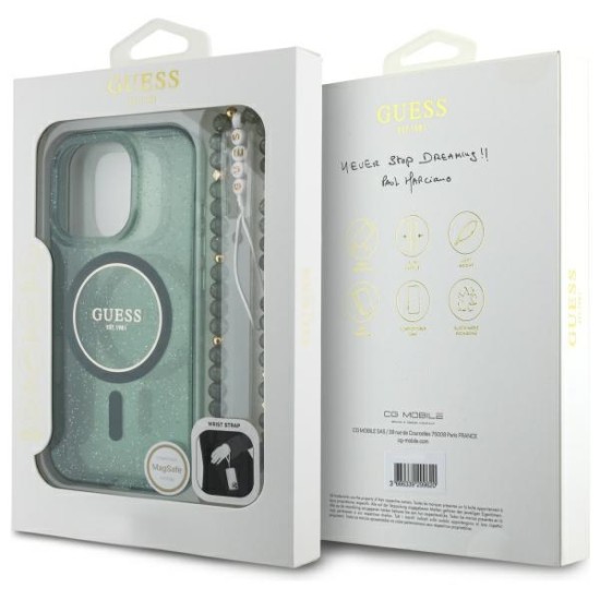 Guess IML Glitter With Pearl Strap MagSafe case for iPhone 16 Pro Max - green Guess IML Glitter With Pearl Strap MagSafe case for iPhone 16 Pro Max - green