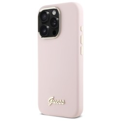Guess Silicone Script Metal Logo & Frame iPhone 16 Pro Case - Pink Guess Silicone Script Metal Logo & Frame iPhone 16 Pro Case - Pink
