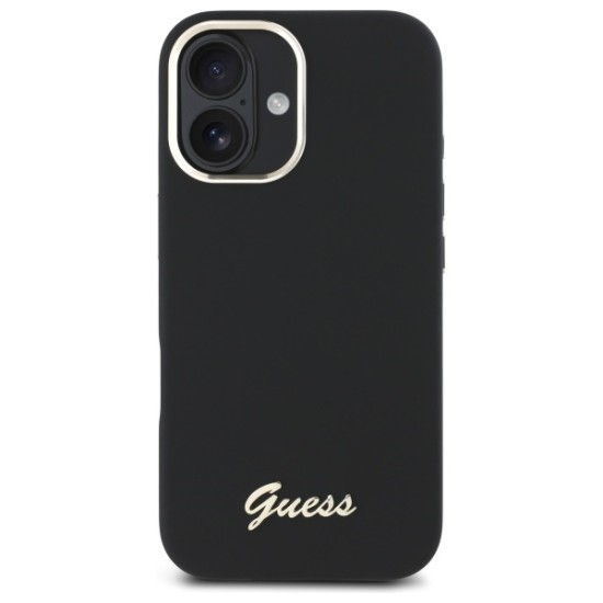Guess Silicone Script Metal Logo &amp;amp; Frame Case for iPhone 16 - Black