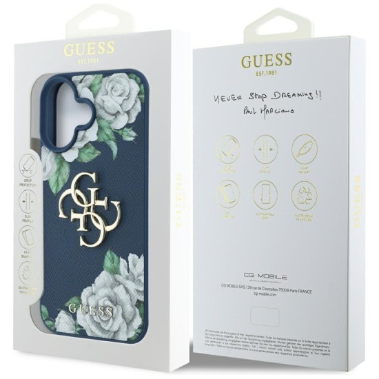 Guess Grained Roses Big 4G logo case for iPhone 16 - blue Guess Grained Roses Big 4G logo case for iPhone 16 - blue