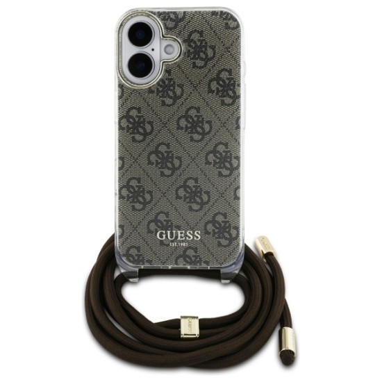 Guess Crossbody Cord 4G Print Case with Lanyard for iPhone 16 - Brown