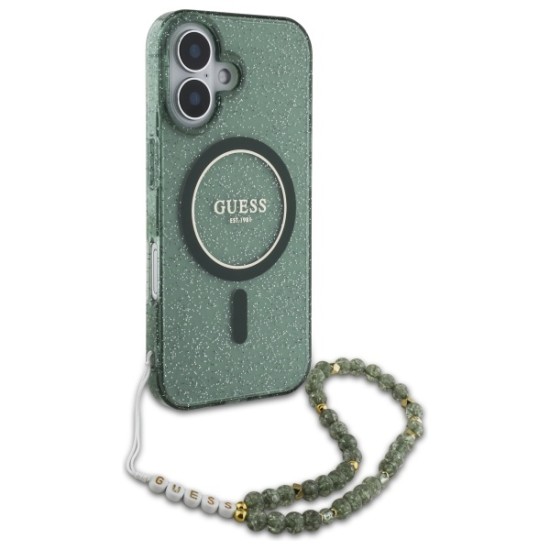Guess IML Glitter With Pearl Strap MagSafe case for iPhone 16 Plus - green Guess IML Glitter With Pearl Strap MagSafe case for iPhone 16 Plus - green