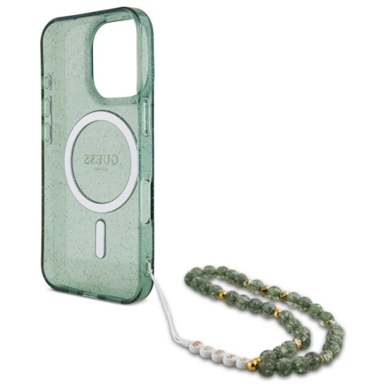 Guess IML Glitter With Pearl Strap MagSafe case for iPhone 16 Pro Max - green Guess IML Glitter With Pearl Strap MagSafe case for iPhone 16 Pro Max - green
