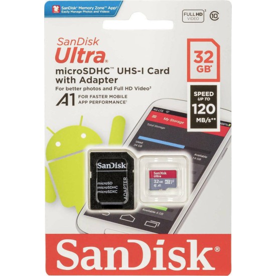 SANDISK Ultra Android microSDHC 32GB + SD Adapter + Memory Zone App 120MB/s A1 Class10 UHS-I SANDISK Ultra Android microSDHC 32GB + SD Adapter + Memory Zone App 120MB/s A1 Class10 UHS-I