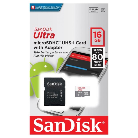 SANDISK Ultra Android microSDHC + SD Adapter 16GB 80MB/s Class 10 SANDISK Ultra Android microSDHC + SD Adapter 16GB 80MB/s Class 10