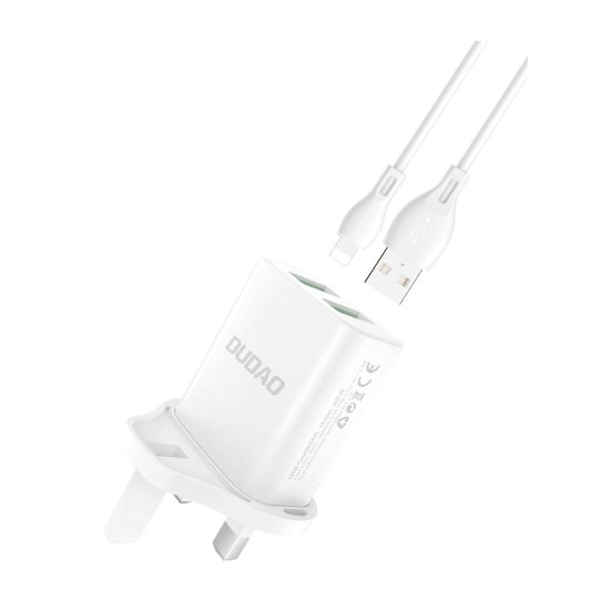 DUDAO WALL CHARGER UK PLUG  2XUSB-A  WHITE  + USB TO LIGHTNING CABLE WHITE