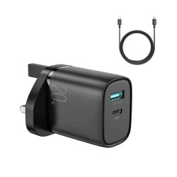 JOYROOM FAST UK WALL CHARGER USB+TYPE-C  20W BLACK + TYPE C-LIGHNING CABLE 1M