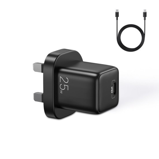 JOYROOM SMALL FAST TYPE C CHARGER 25W UK PLUG BLACK + TYPE C - TYPE C CABLE 1M JOYROOM SMALL FAST TYPE C CHARGER 25W UK PLUG BLACK + TYPE C - TYPE C CABLE 1M