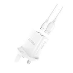 DUDAO WALL CHARGER UK PLUG  2XUSB-A  WHITE  + USB TO TYPE-C CABLE  WHITE