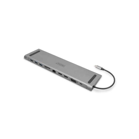 DIGITUS 11-PORT USB-C HUB GREY 3xUSB3.0, 1x USB-C 100W, 1xRJ45, 2xHDMI, 1xVGA, 1xSD, 1xMicroSD, 1x3.5mm audio  DA-70898