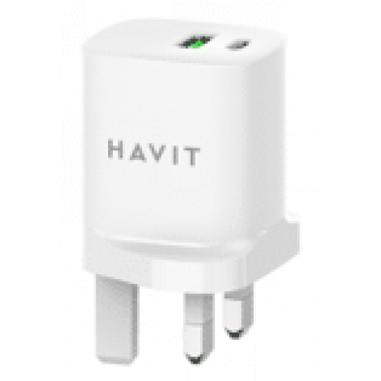 HAVIT UK 30W WALL CHARGER USB-A &amp; USB-C GAN QUICK CHARGE UC30 WHITE