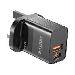 UNITEK WALL CHARGER UK PLUG 20W  USB &amp; USB-C BLACK