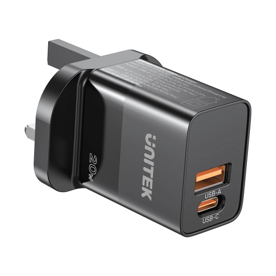 UNITEK WALL CHARGER UK PLUG 20W  USB &amp; USB-C BLACK
